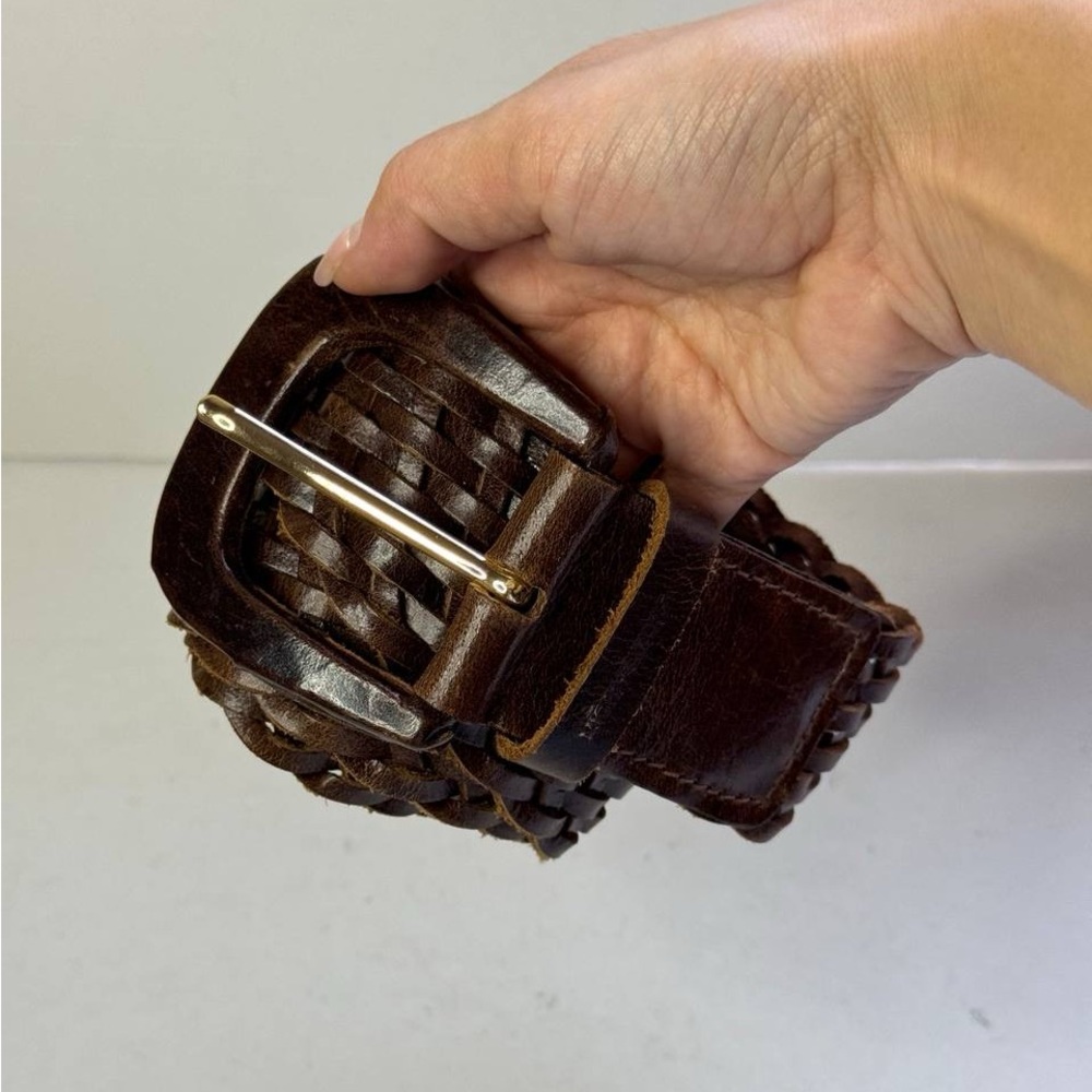 Michael Kors Signed Dark Brown Leather Woven Belt with Large Buckle